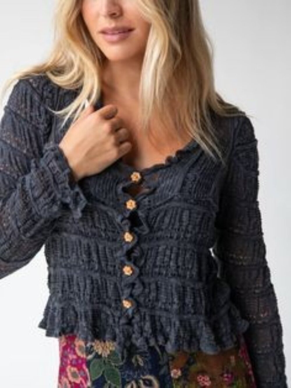 Natural Life Juliet Ruffle Sweater Top in Charcoal Gray